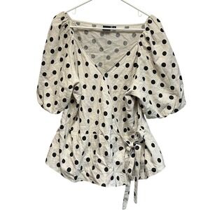 GAP Women's XL Linen Blend Polka Dot Wrap Top Puff Sleeve